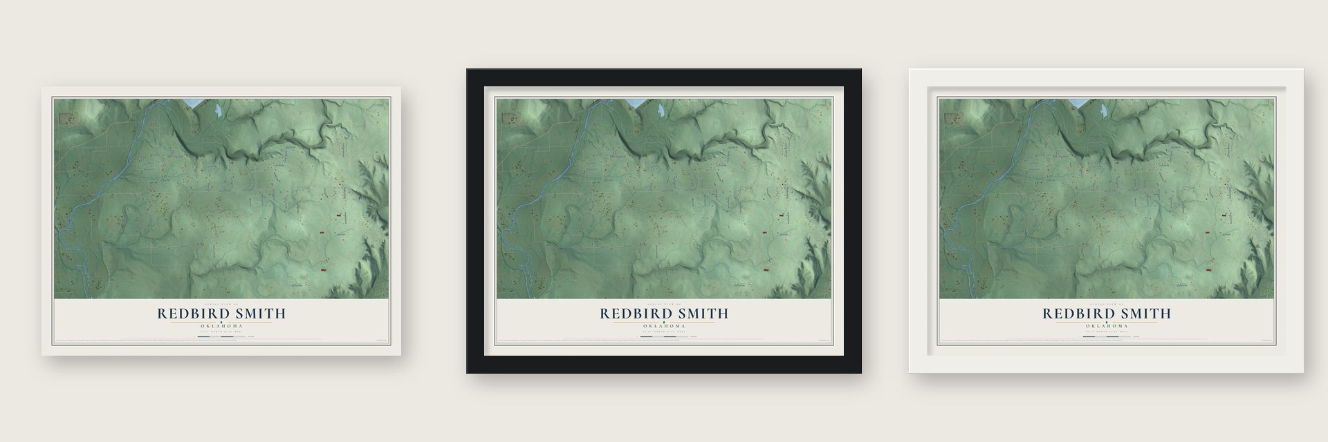Redbird Smith, Oklahoma map unframed, in a black wood frame and in a white wood frame