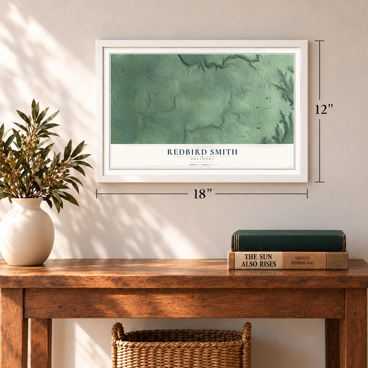 Redbird Smith, Oklahoma map, 12 x 18 inch print in a white frame in an entryway