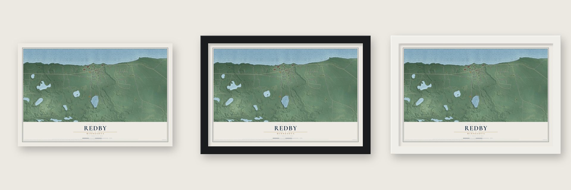 Redby, Minnesota map unframed, in a black wood frame and in a white wood frame