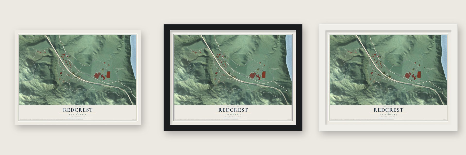 Redcrest, California map unframed, in a black wood frame and in a white wood frame