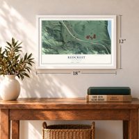 Redcrest, California map, 12 x 18 inch print in a white frame in an entryway