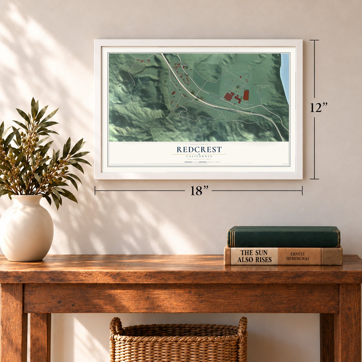Redcrest, California map, 12 x 18 inch print in a white frame in an entryway