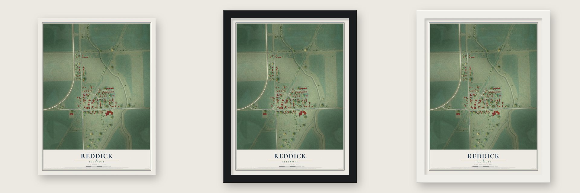 Reddick, Illinois map unframed, in a black wood frame and in a white wood frame