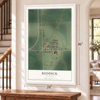 Reddick, Illinois map, 24 x 36 inch print in a white frame by a staircase
