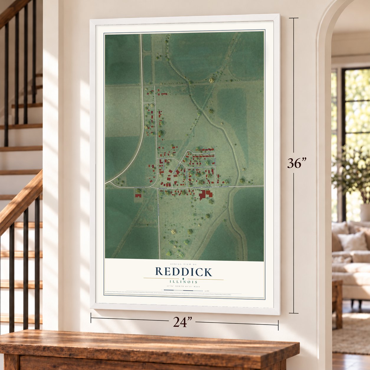 Reddick, Illinois map, 24 x 36 inch print in a white frame by a staircase