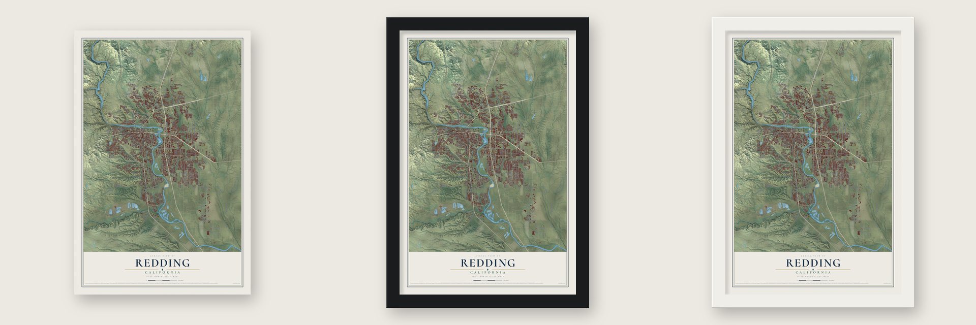 Redding, California map unframed, in a black wood frame and in a white wood frame