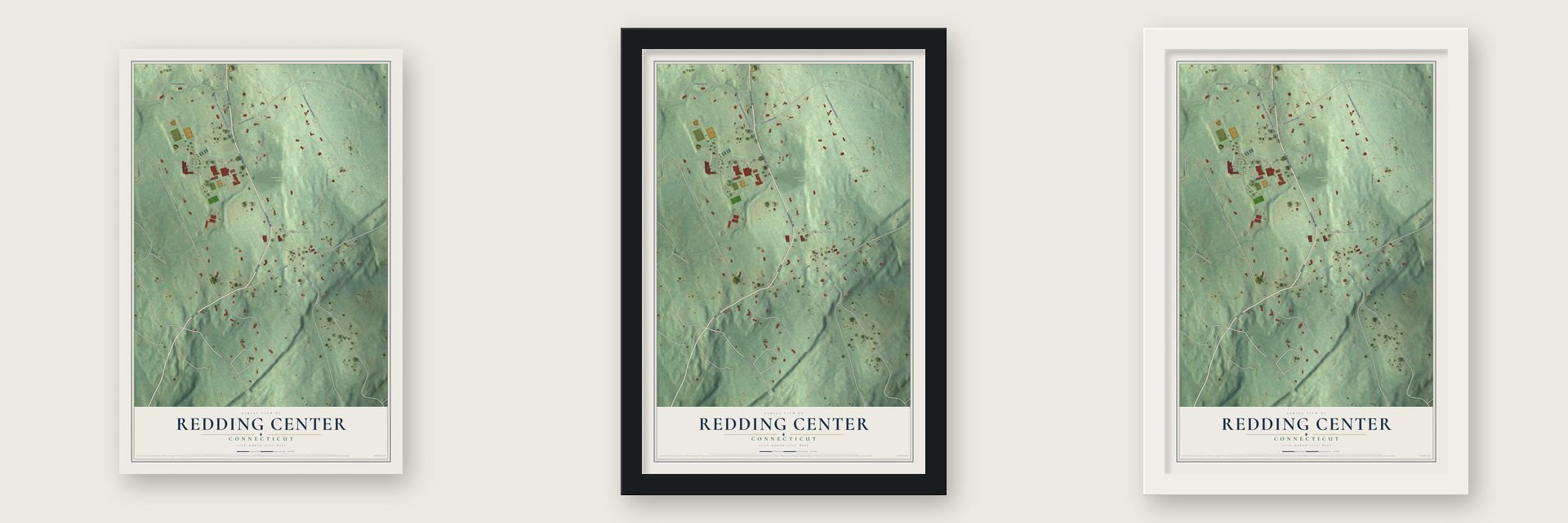 Redding Center, Connecticut map unframed, in a black wood frame and in a white wood frame
