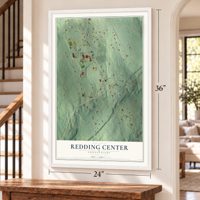 Redding Center, Connecticut map, 24 x 36 inch print in a white frame by a staircase