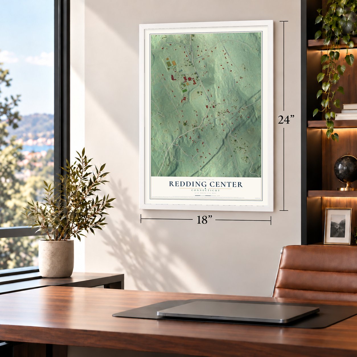 Redding Center, Connecticut map, 18 x 24 inch print in a white frame in a home office