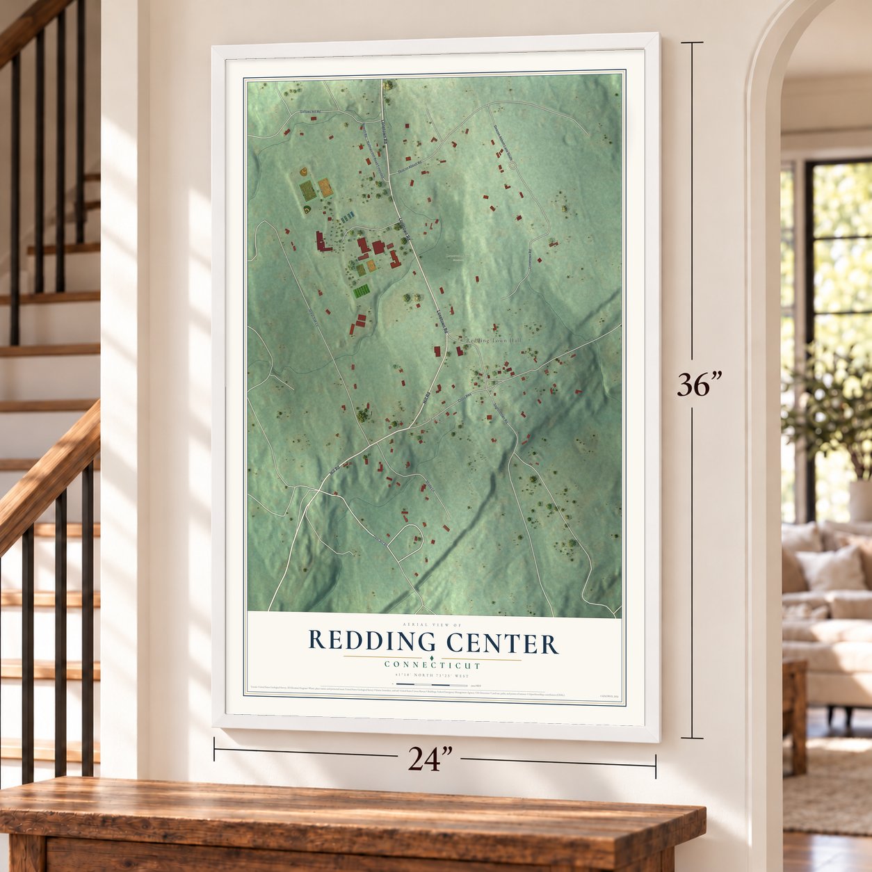 Redding Center, Connecticut map, 24 x 36 inch print in a white frame by a staircase