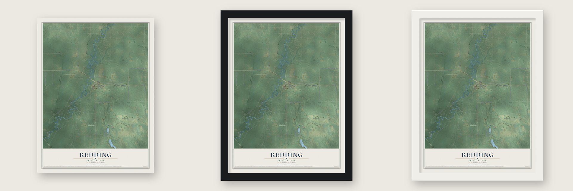 Redding, Michigan map unframed, in a black wood frame and in a white wood frame