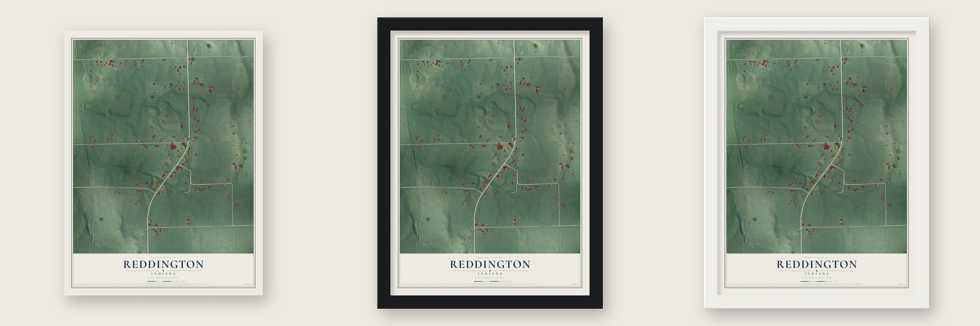 Reddington, Indiana map unframed, in a black wood frame and in a white wood frame