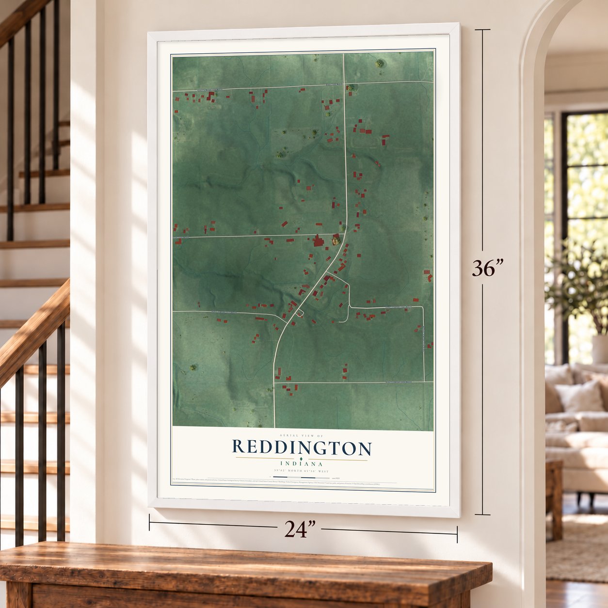 Reddington, Indiana map, 24 x 36 inch print in a white frame by a staircase