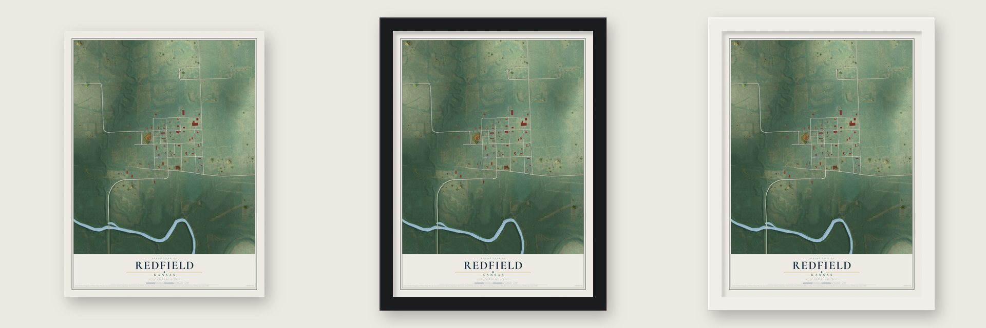 Redfield, Kansas map unframed, in a black wood frame and in a white wood frame