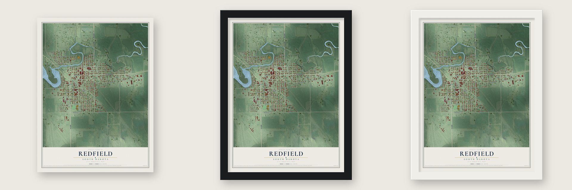 Redfield, South Dakota map unframed, in a black wood frame and in a white wood frame