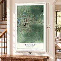Redfield, South Dakota map, 24 x 36 inch print in a white frame by a staircase