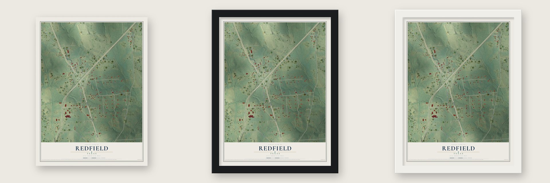 Redfield, Texas map unframed, in a black wood frame and in a white wood frame