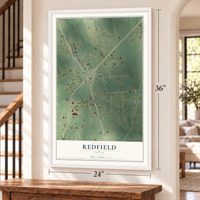 Redfield, Texas map, 24 x 36 inch print in a white frame by a staircase