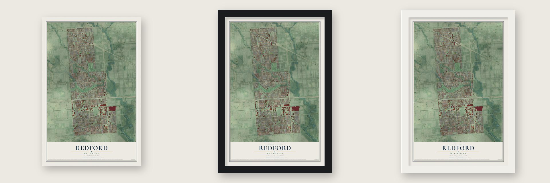 Redford, Michigan map unframed, in a black wood frame and in a white wood frame