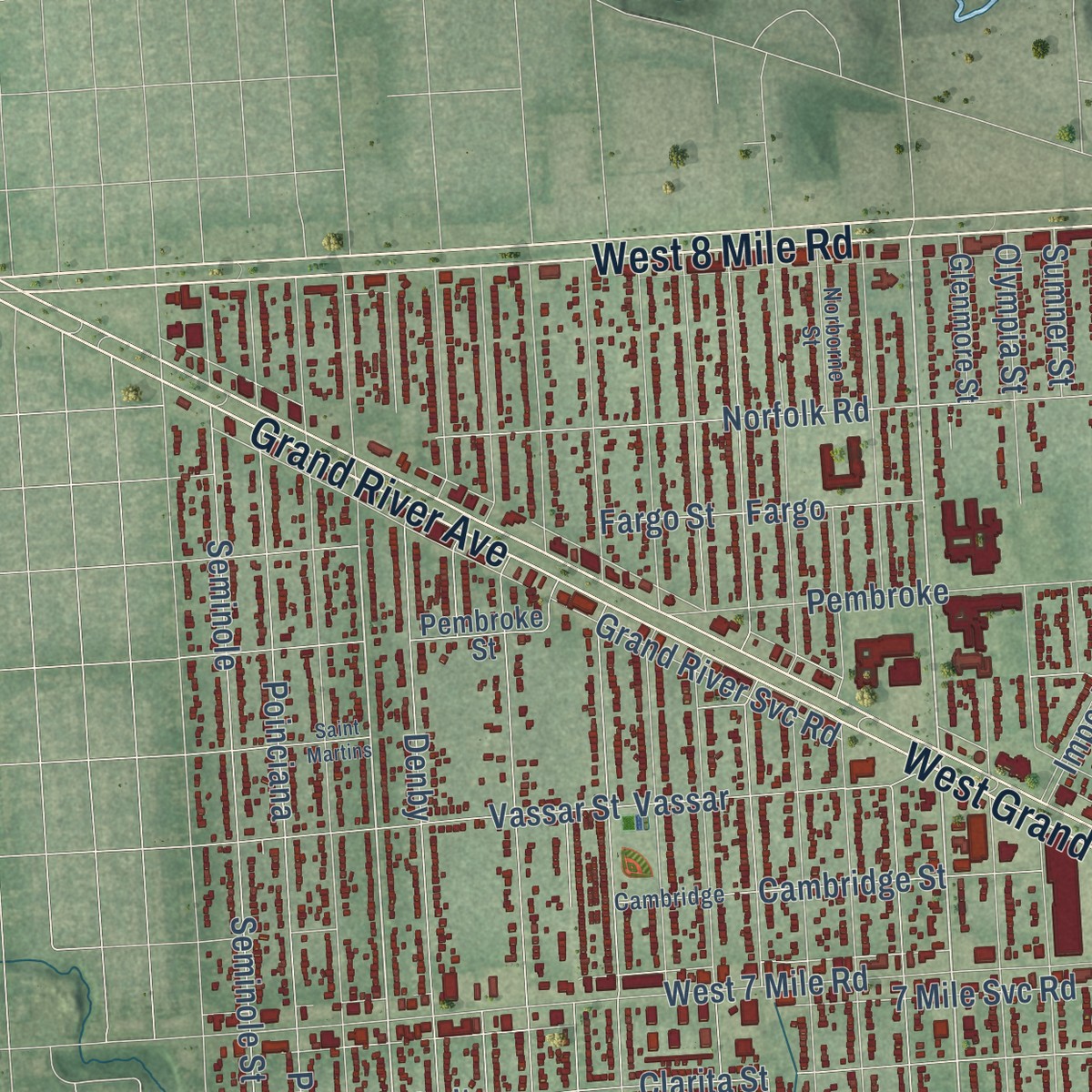 Second close-up of the map of Redford, Michigan print showing more streets and buildings