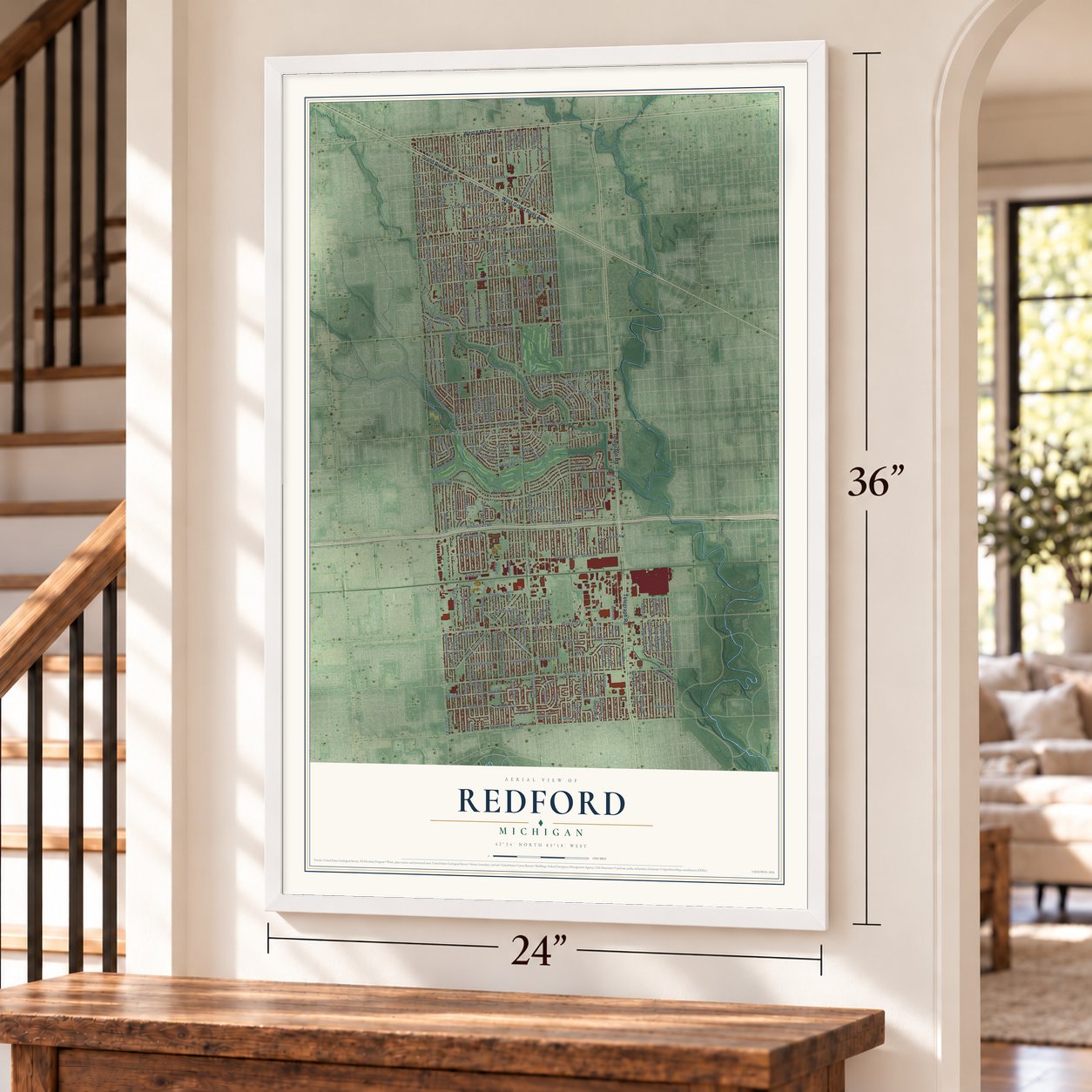 Redford, Michigan map, 24 x 36 inch print in a white frame by a staircase