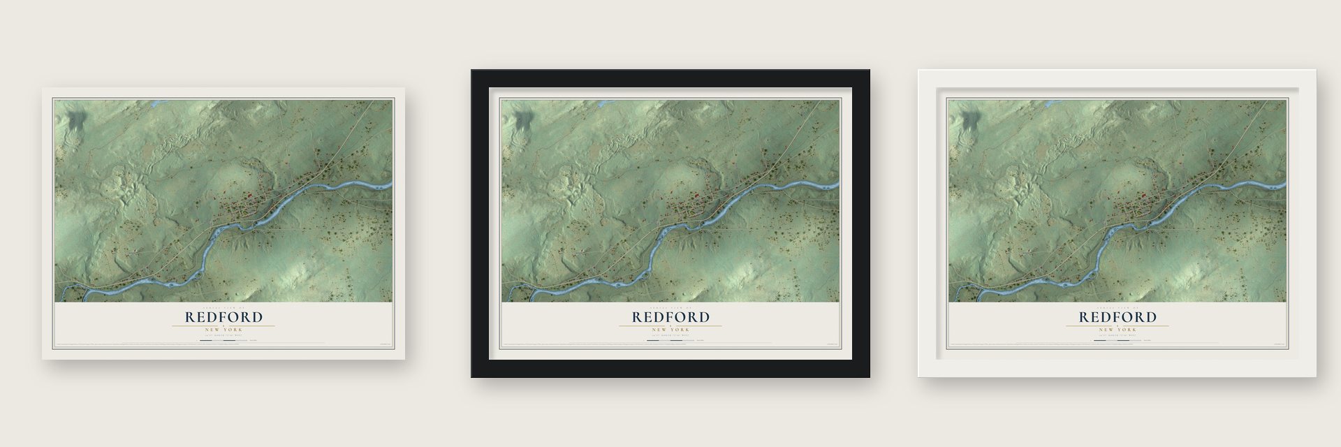 Redford, New York map unframed, in a black wood frame and in a white wood frame