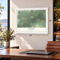 Redford, New York map, 18 x 24 inch print in a white frame in a home office