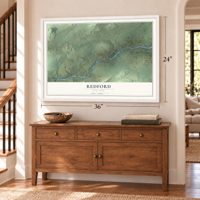 Redford, New York map, 24 x 36 inch print in a white frame above a dresser by a staircase