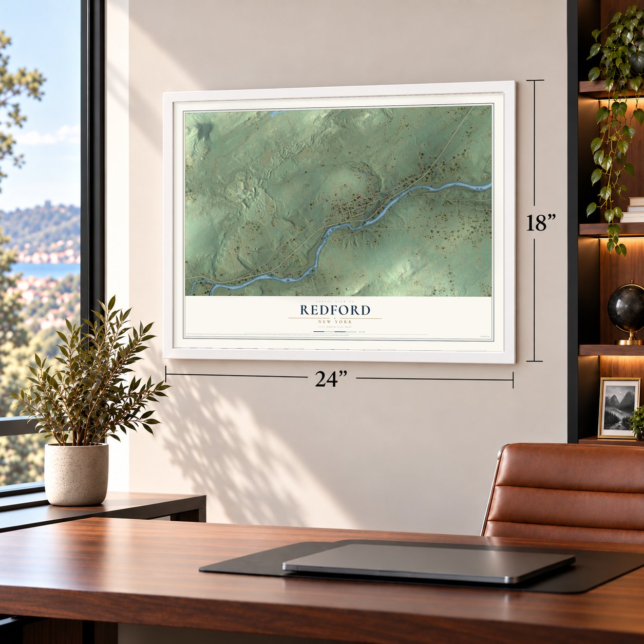 Redford, New York map, 18 x 24 inch print in a white frame in a home office