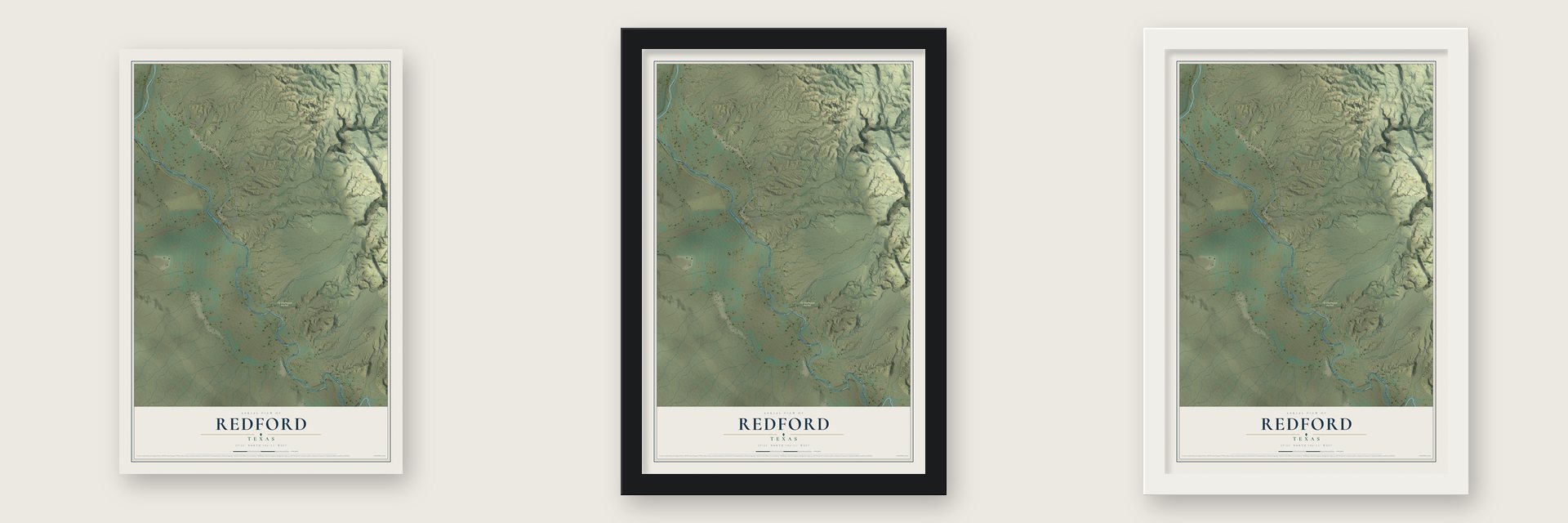 Redford, Texas map unframed, in a black wood frame and in a white wood frame