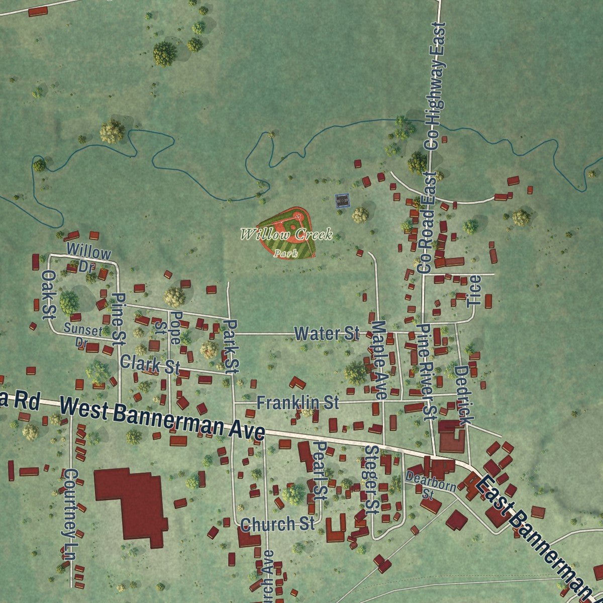 Second close-up of the map of Redgranite, Wisconsin print showing more streets and buildings