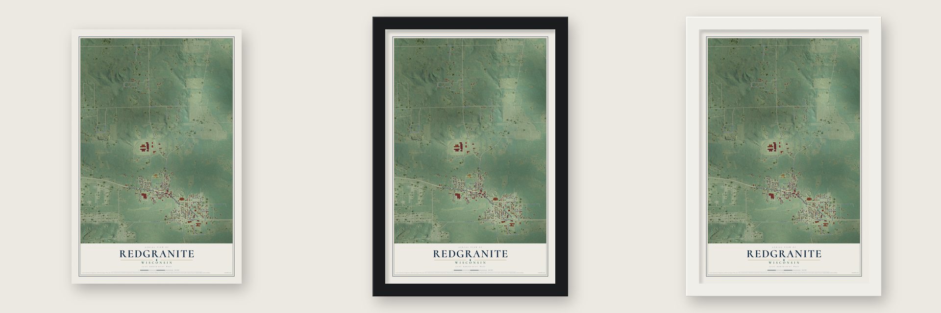 Redgranite, Wisconsin map unframed, in a black wood frame and in a white wood frame
