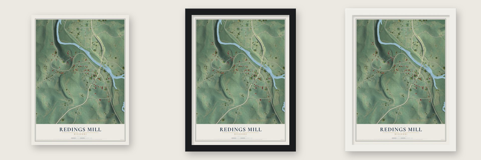 Redings Mill, Missouri map unframed, in a black wood frame and in a white wood frame
