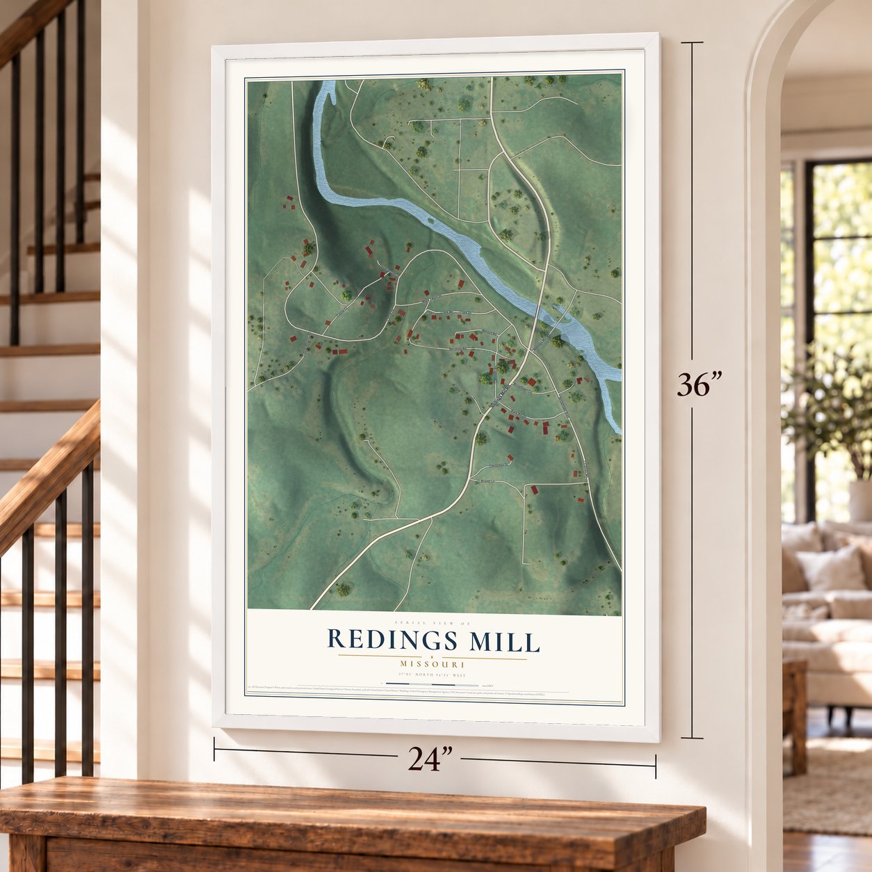 Redings Mill, Missouri map, 24 x 36 inch print in a white frame by a staircase