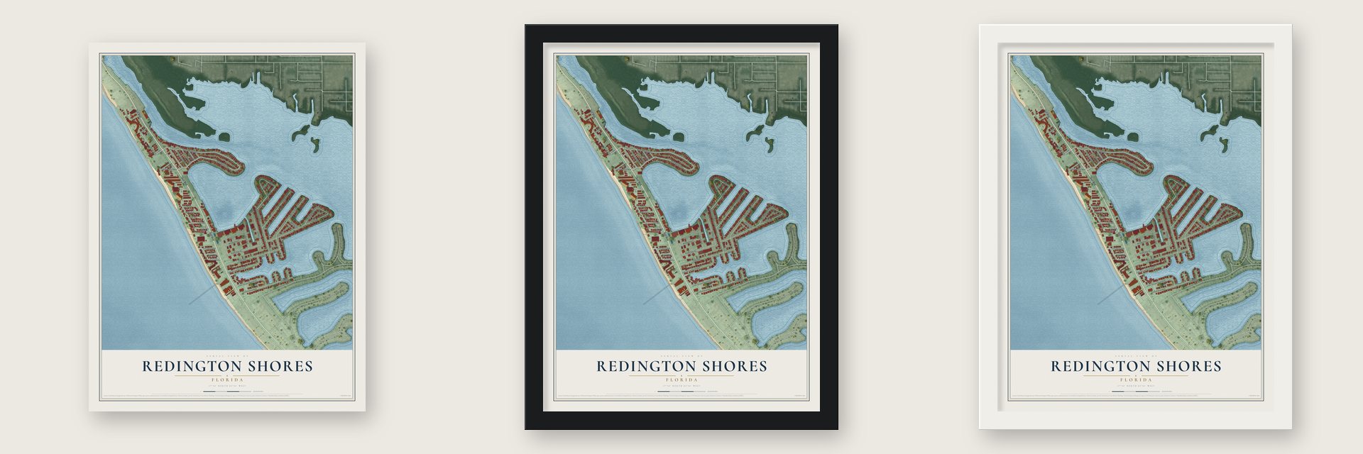 Redington Shores, Florida map unframed, in a black wood frame and in a white wood frame