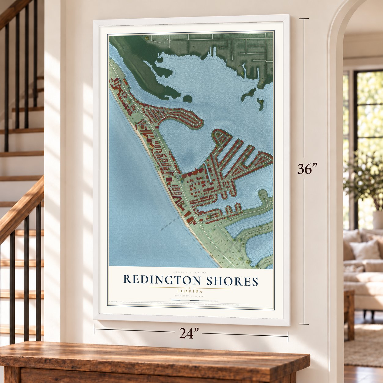 Redington Shores, Florida map, 24 x 36 inch print in a white frame by a staircase