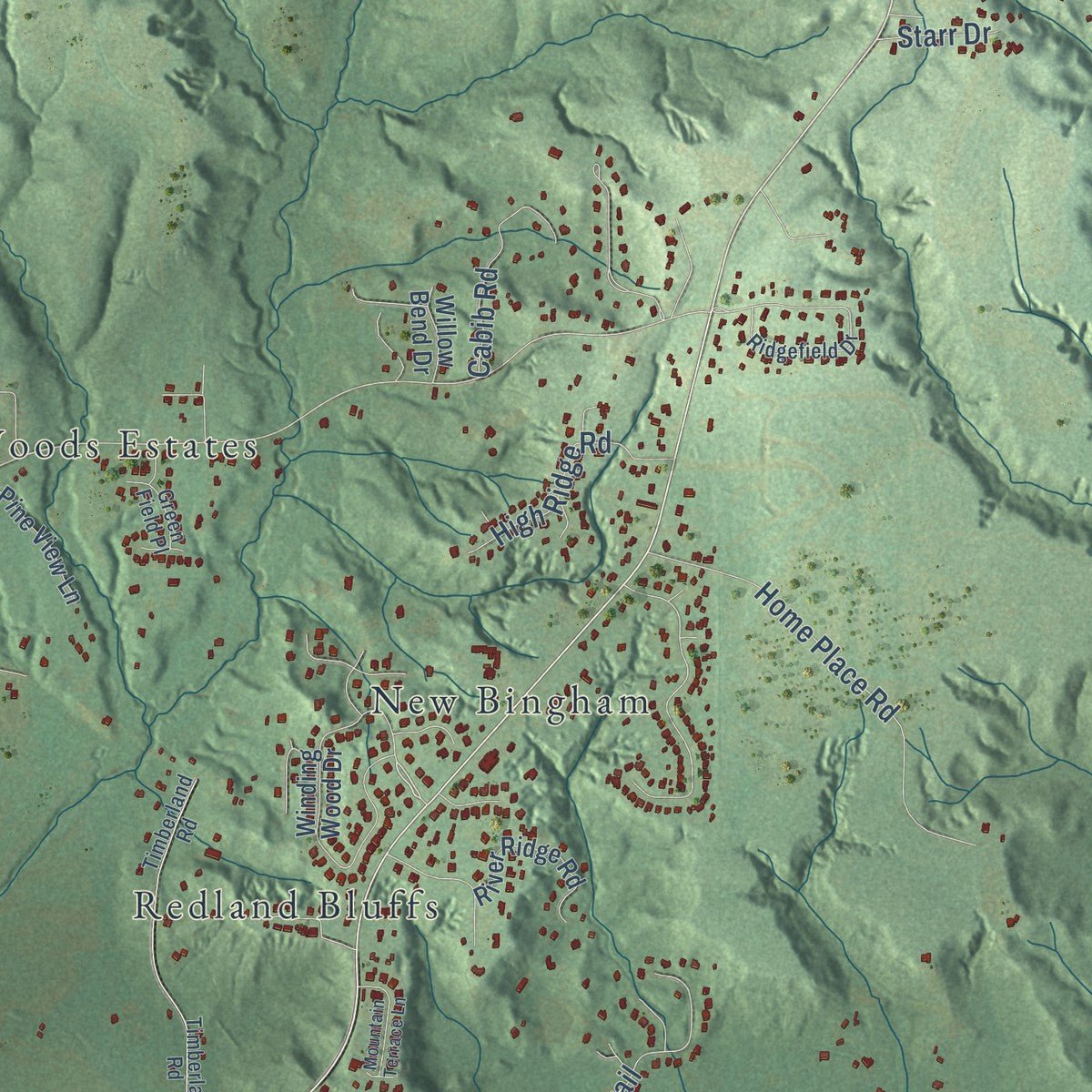 Second close-up of the map of Redland, Alabama print showing more streets and buildings