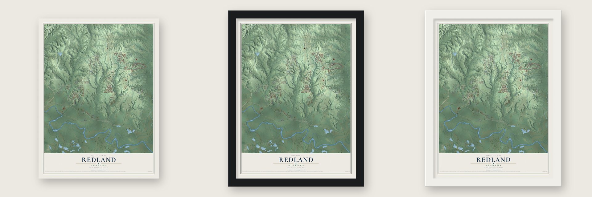 Redland, Alabama map unframed, in a black wood frame and in a white wood frame