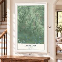 Redland, Alabama map, 24 x 36 inch print in a white frame by a staircase