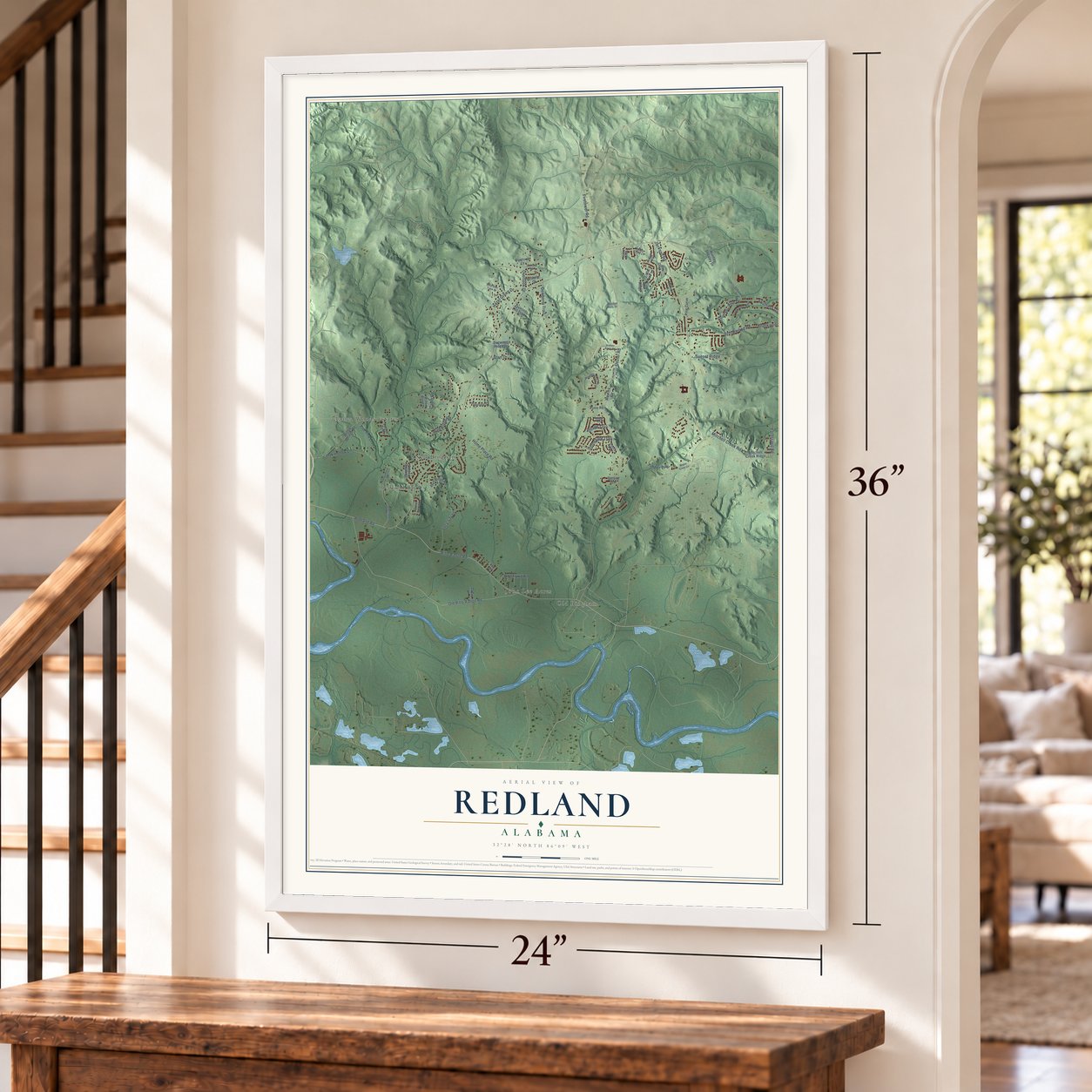 Redland, Alabama map, 24 x 36 inch print in a white frame by a staircase