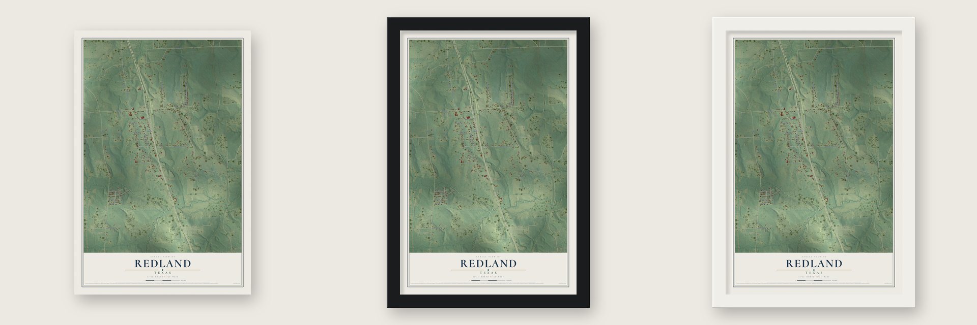 Redland, Texas map unframed, in a black wood frame and in a white wood frame