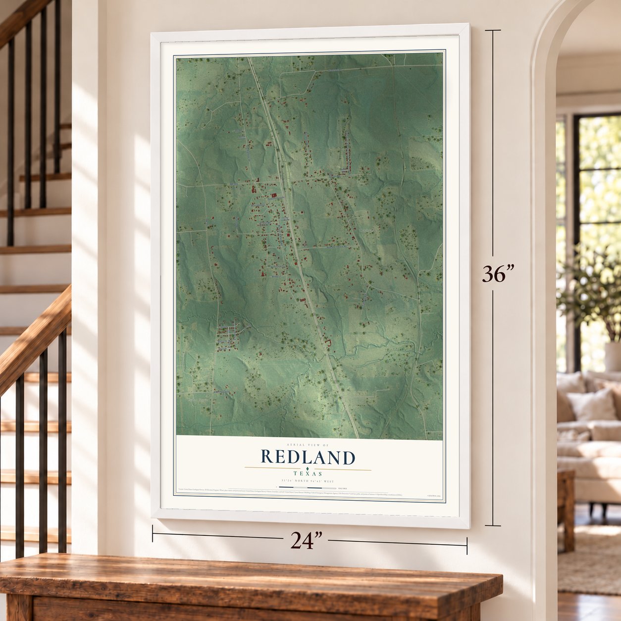 Redland, Texas map, 24 x 36 inch print in a white frame by a staircase