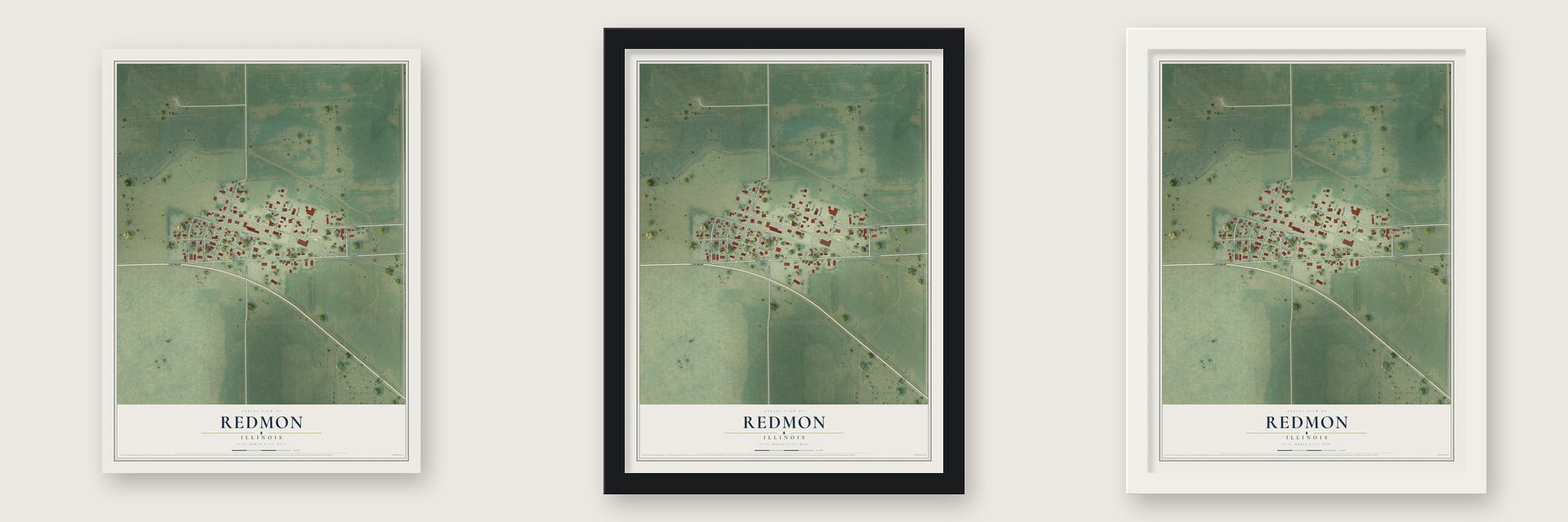 Redmon, Illinois map unframed, in a black wood frame and in a white wood frame