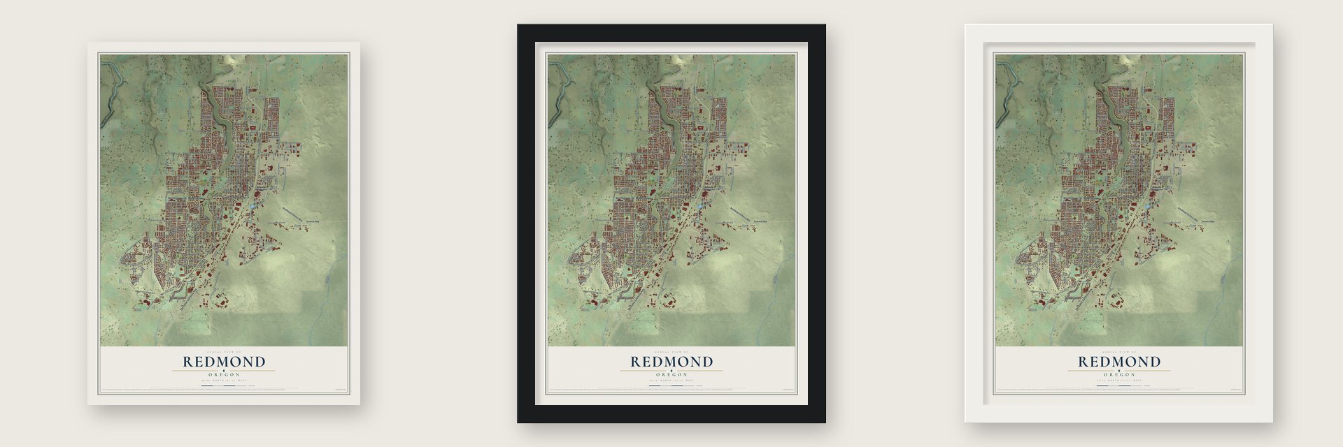Redmond, Oregon map unframed, in a black wood frame and in a white wood frame
