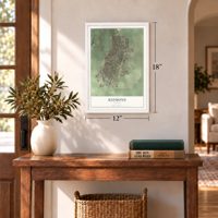 Redmond, Oregon map, 12 x 18 inch print in a white frame in an entryway