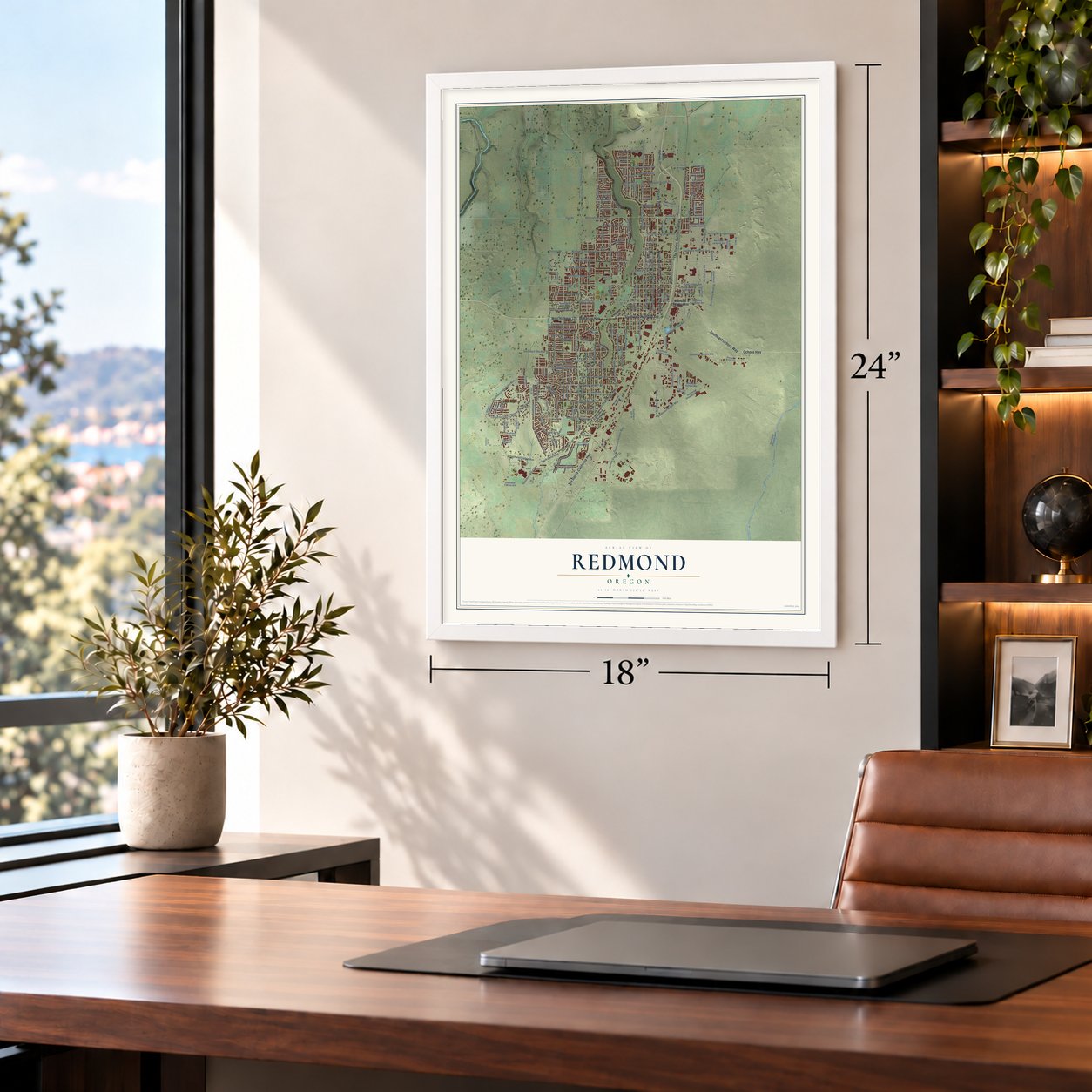 Redmond, Oregon map, 18 x 24 inch print in a white frame in a home office