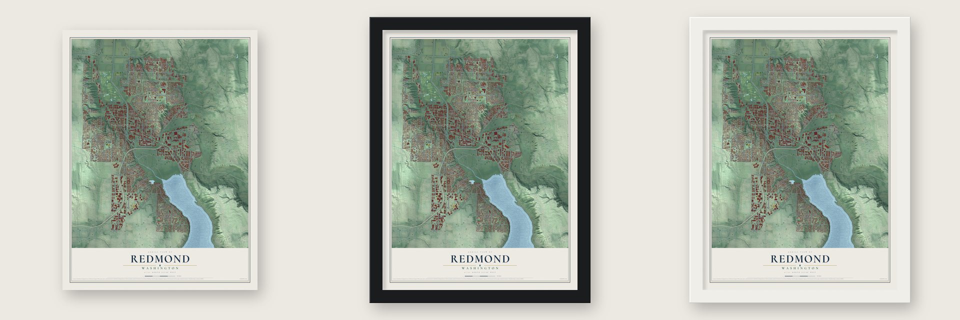 Redmond, Washington map unframed, in a black wood frame and in a white wood frame