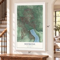 Redmond, Washington map, 24 x 36 inch print in a white frame by a staircase