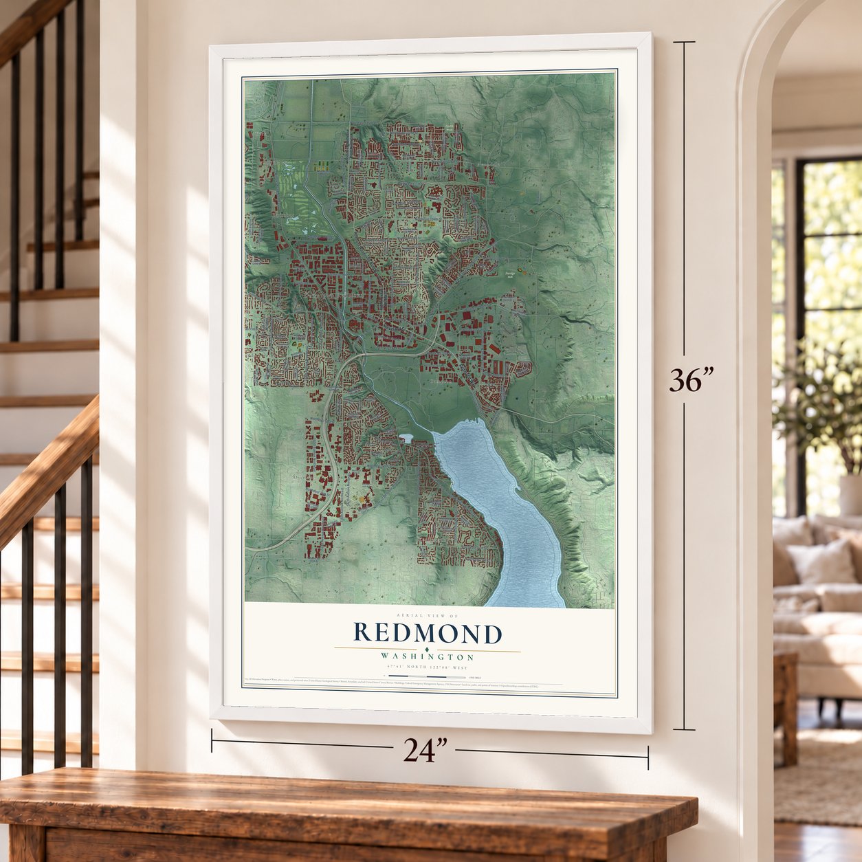 Redmond, Washington map, 24 x 36 inch print in a white frame by a staircase
