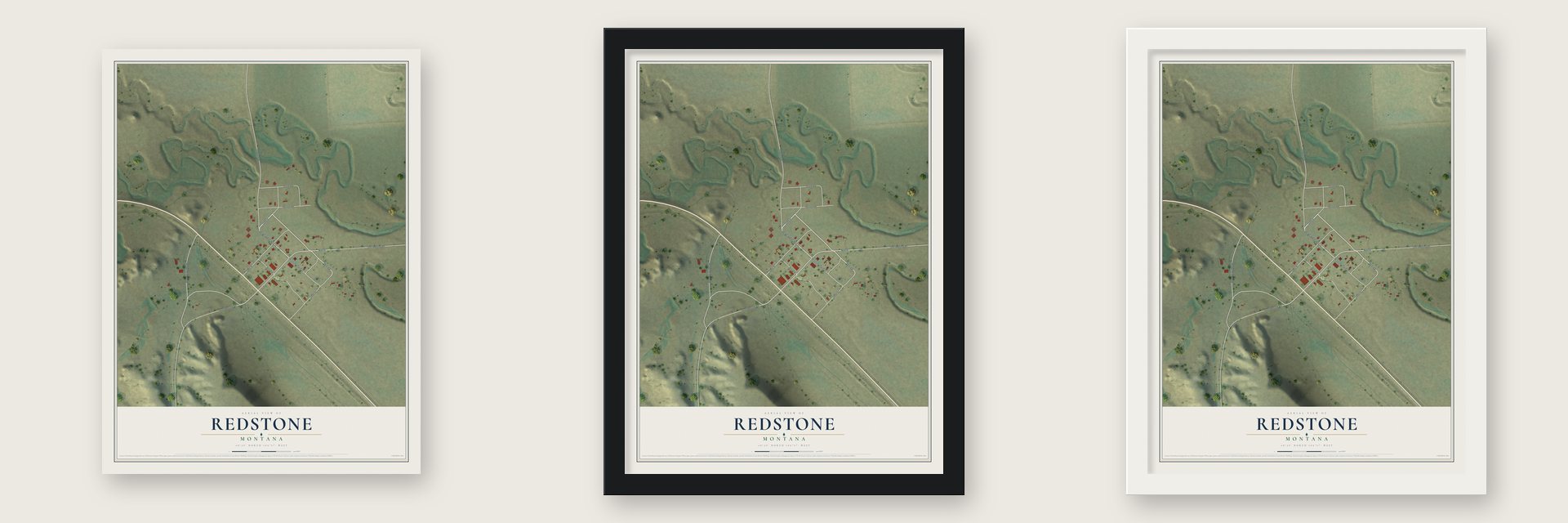 Redstone, Montana map unframed, in a black wood frame and in a white wood frame